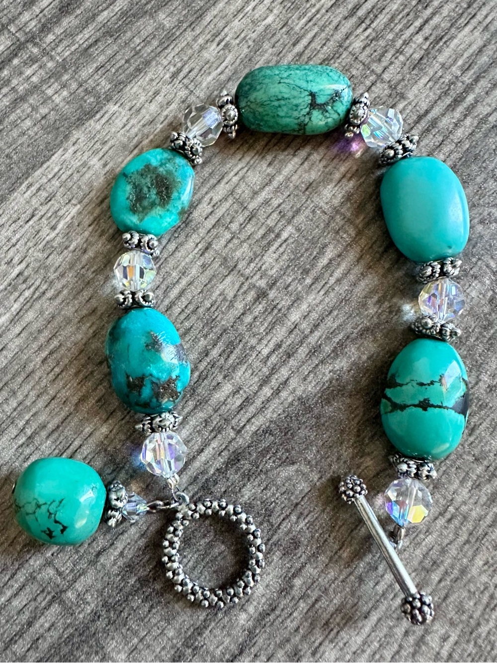 VINTAGE GENUINE VARIOUS TURQUOISE STONES ALONG IRIDESCENT FACETED CRYSTAL BEADS